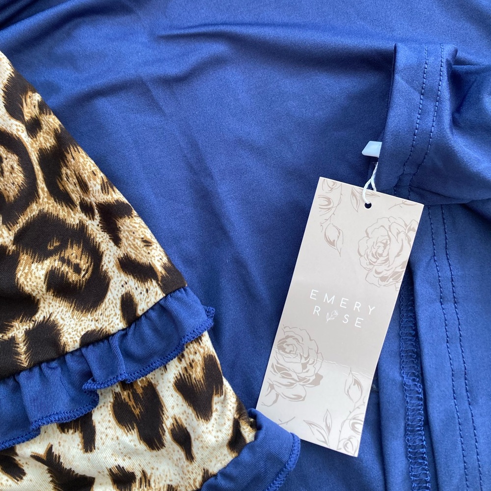 EMERY ROSE | NWT Women’s Leopard 3/4 Ruffle Sleeve Navy Blue Blouse - Picture 5 of 8